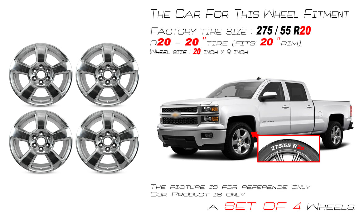 For Chevy Silverado 1500 Suburban Tahoe OEM Design Wheel 20" 20x9 2014-2020 Polished Set of 4 Replacement Rim